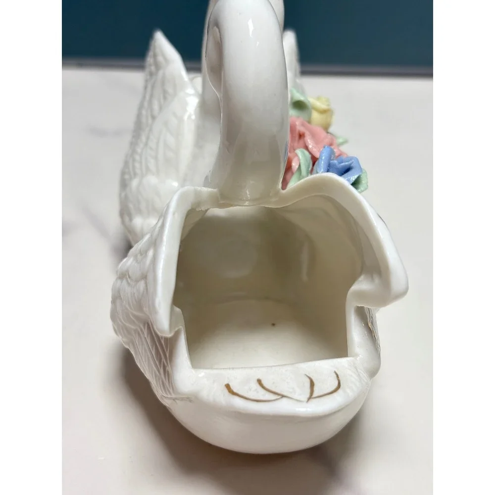 Vintage Porcelain Double Swan Planter Trinket Ring Dish Applied Roses White
